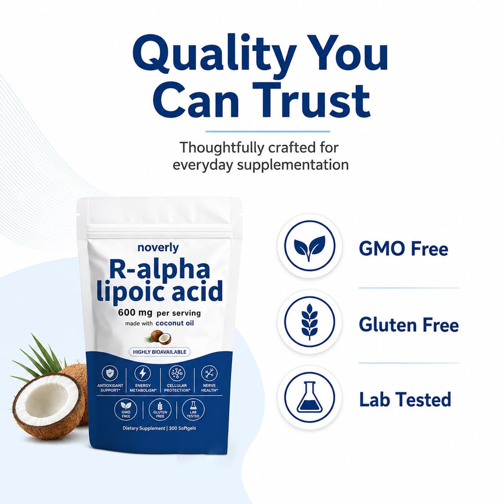 R Alpha Lipoic Acid 600mg, R-Alpha Lipoic Acid Supplement with Coconut Oil, 300 Softgels, Antioxidant Support for Cellular Energy & Healthy Nerve Function Support, Non-GMO Gluten-Free