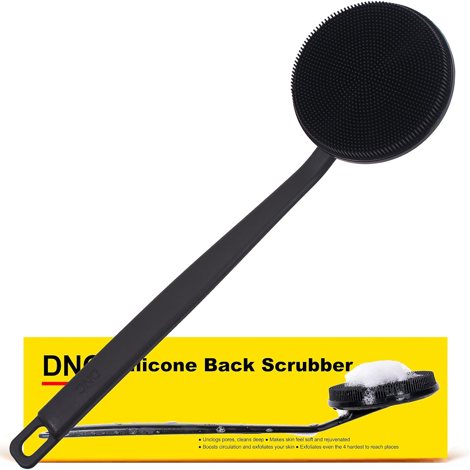 Buy now DNC Back Scrubber for Shower Soft Silicone Bath Body Brush with Long Handle (Black) Charcoal at indiglob india