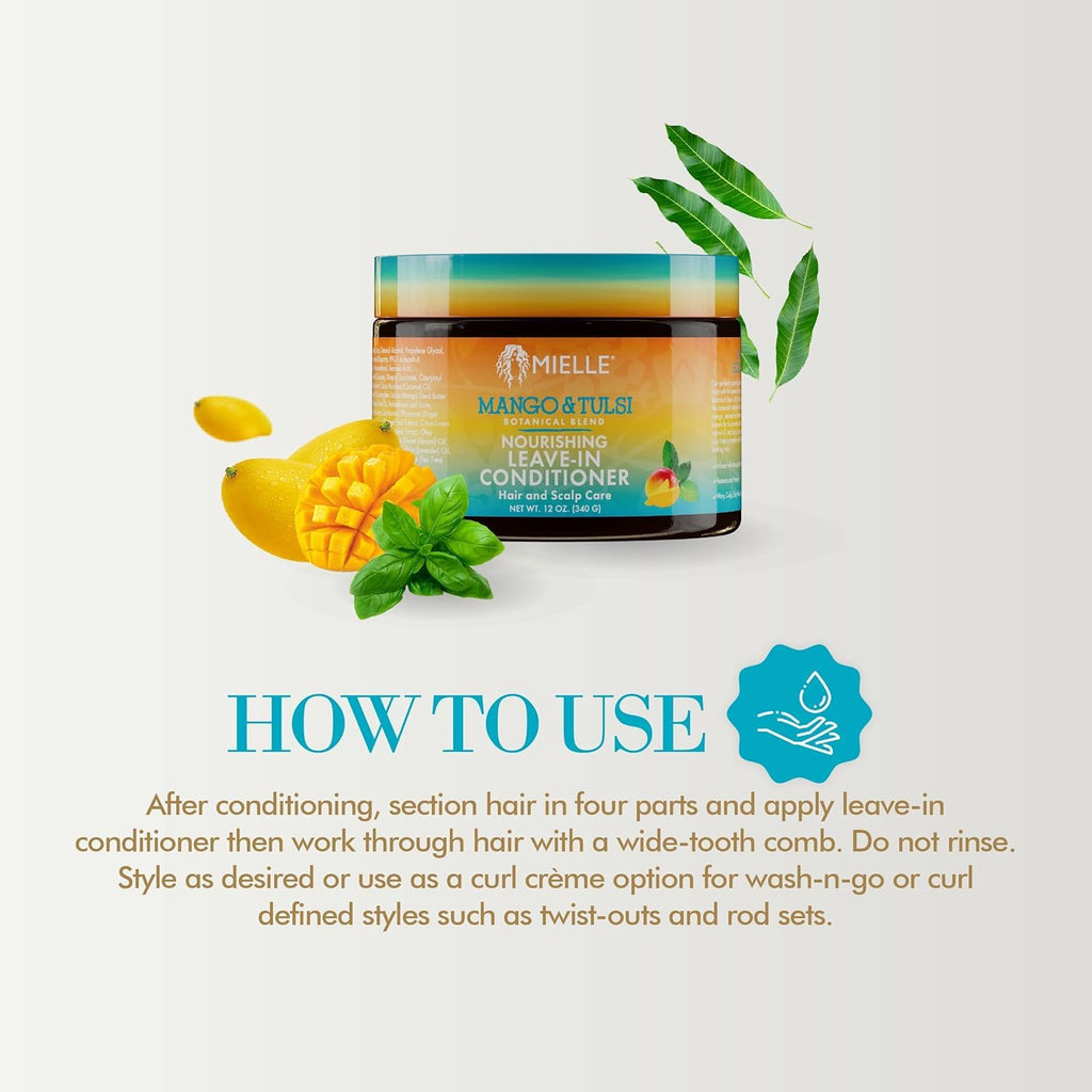 Mielle Organics Mango & Tulsi Nourishing Leave In Conditioner for Curly Hair - Moisturizing Leave In Conditioner with Breakage Protection & Scalp Nourishment - Detangles & Reduces Frizz (12 Oz)