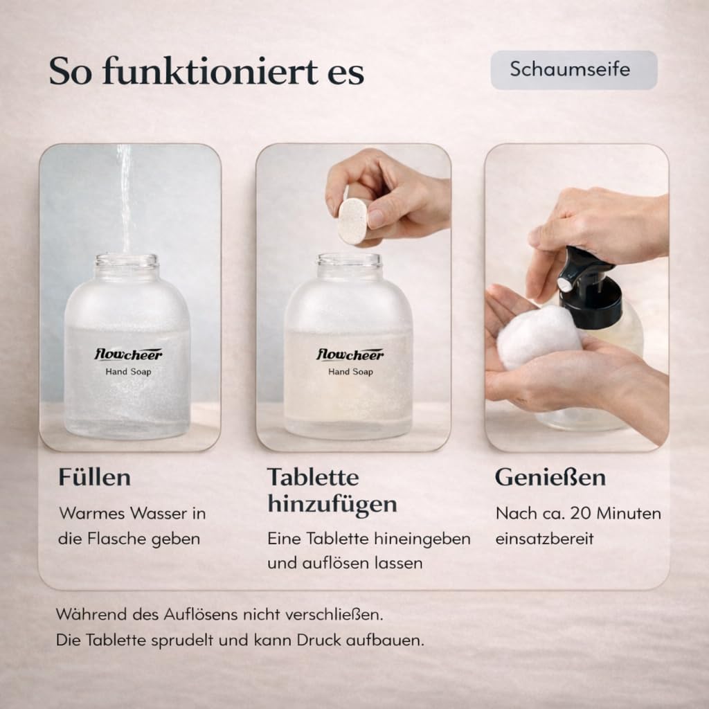 Flowcheer Foaming Hand Soap Refill Tablets in use. Fill, add tablet, and enjoy authentic hand soap in 20 minutes.