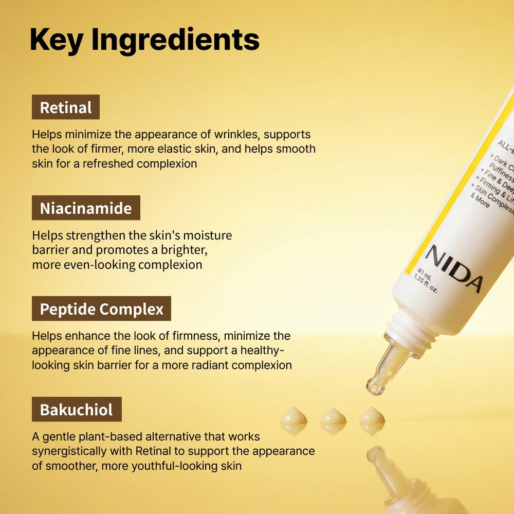 NIDA Revive Eye Cream For Face And Neck | Probiotics Lystate Solution, Retinal, Peptide Complex, Bakuchiol | Wrinkles, Fine Lines, Cell Turnover, Firm Skin Texture, Radiant Skin | 1.35 fl. oz., 40ml