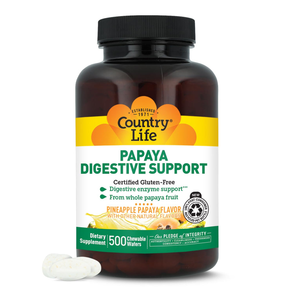 Country Life Papaya Digestive Support, 200 Chewable Wafers | Daily enzymes to promote digestive health and nutrient absorption