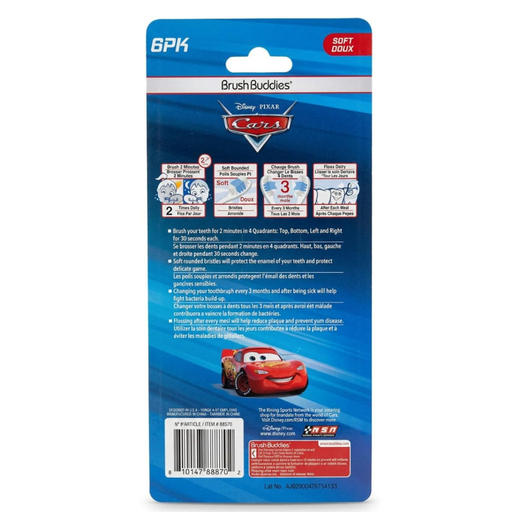 Brush Buddies Disney Pixar Cars Kids Toothbrushes 6 Pack Soft Bristles Ages 2+ Lightning McQueen Mater Jackson Storm Cruz Ramirez Kids Toothbrush Set Small Head Easy Grip Handle Manual Oral Care