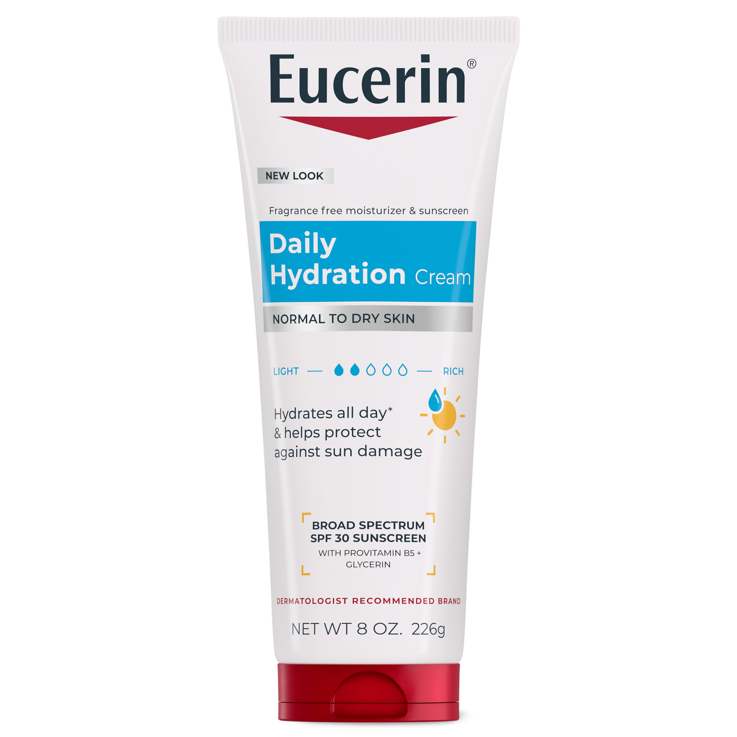 Eucerin Daily Hydration Cream, Broad Spectrum SPF 30, 8 OZ | Body Cream with Glycerin and SPF 30 Sunscreen, 24-Hour Moisture for Normal to Dry Skin, Fragrance Free
