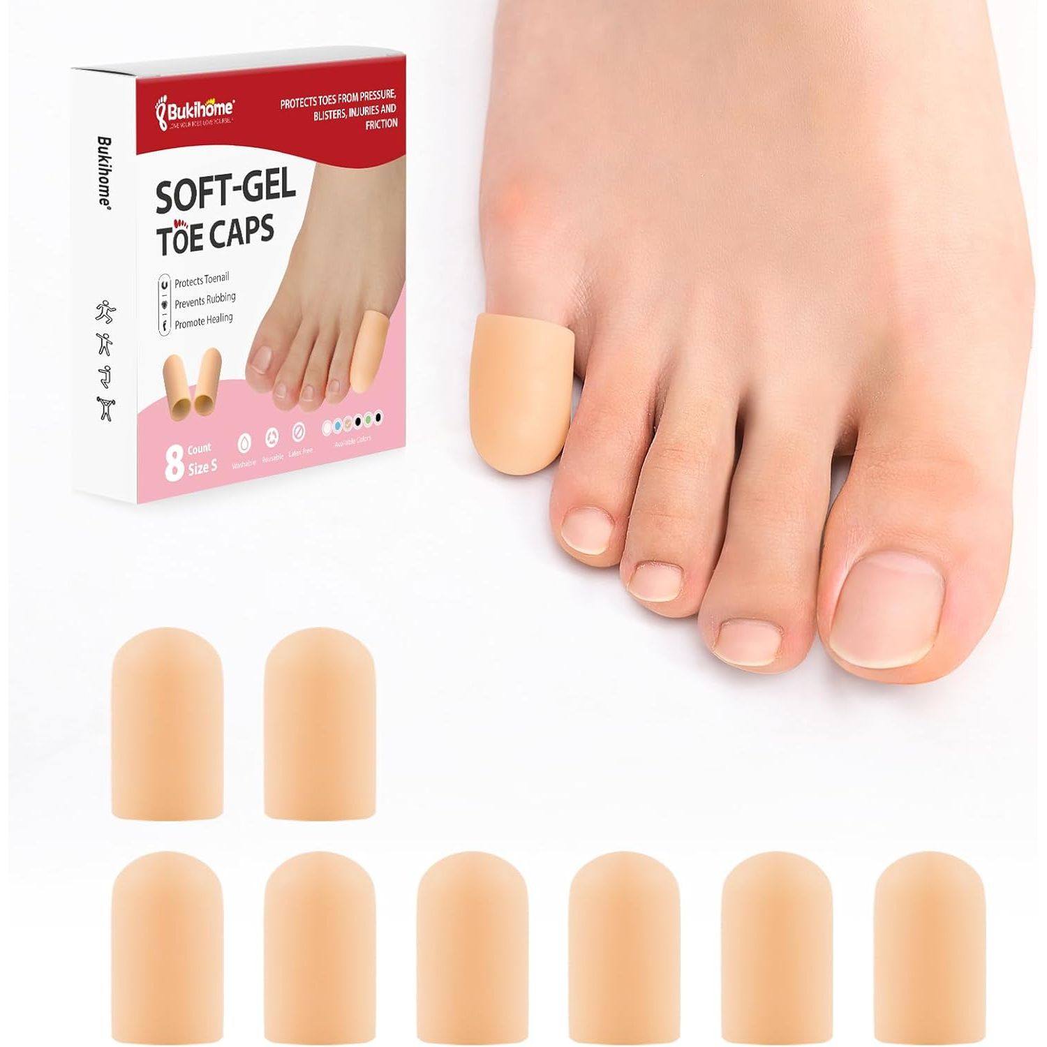 Buy now Bukihome 12 PCS Toe Protectors, Silicone Toe Caps to Cushion Toe Blister, Corn, Callus, Hammer Toes,Great for Running, Walking, Stop Toe Pain (White,Multi-Size) Pinky Size Beige at indiglob india