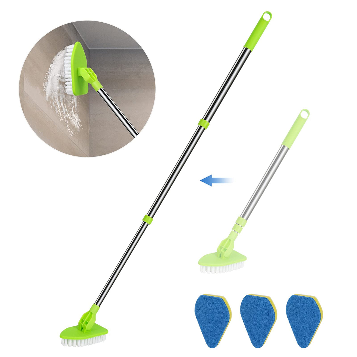 2 in 1 Scrub Cleaning Brush with 37” Long Extendable Handle,1 Stiff Bristle and 3 Sponge Brushes, Lightweigh Detachable Shower Scrubber for Cleaning Bathroom Shower Bathtub Glass Tile Floor