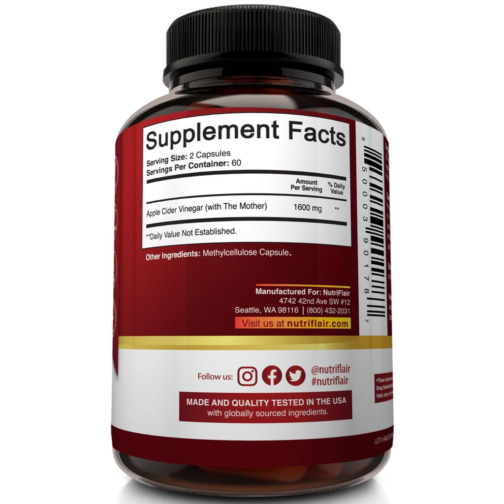 NutriFlair Apple Cider Vinegar Capsules with Mother 1600mg, 120 Capsules