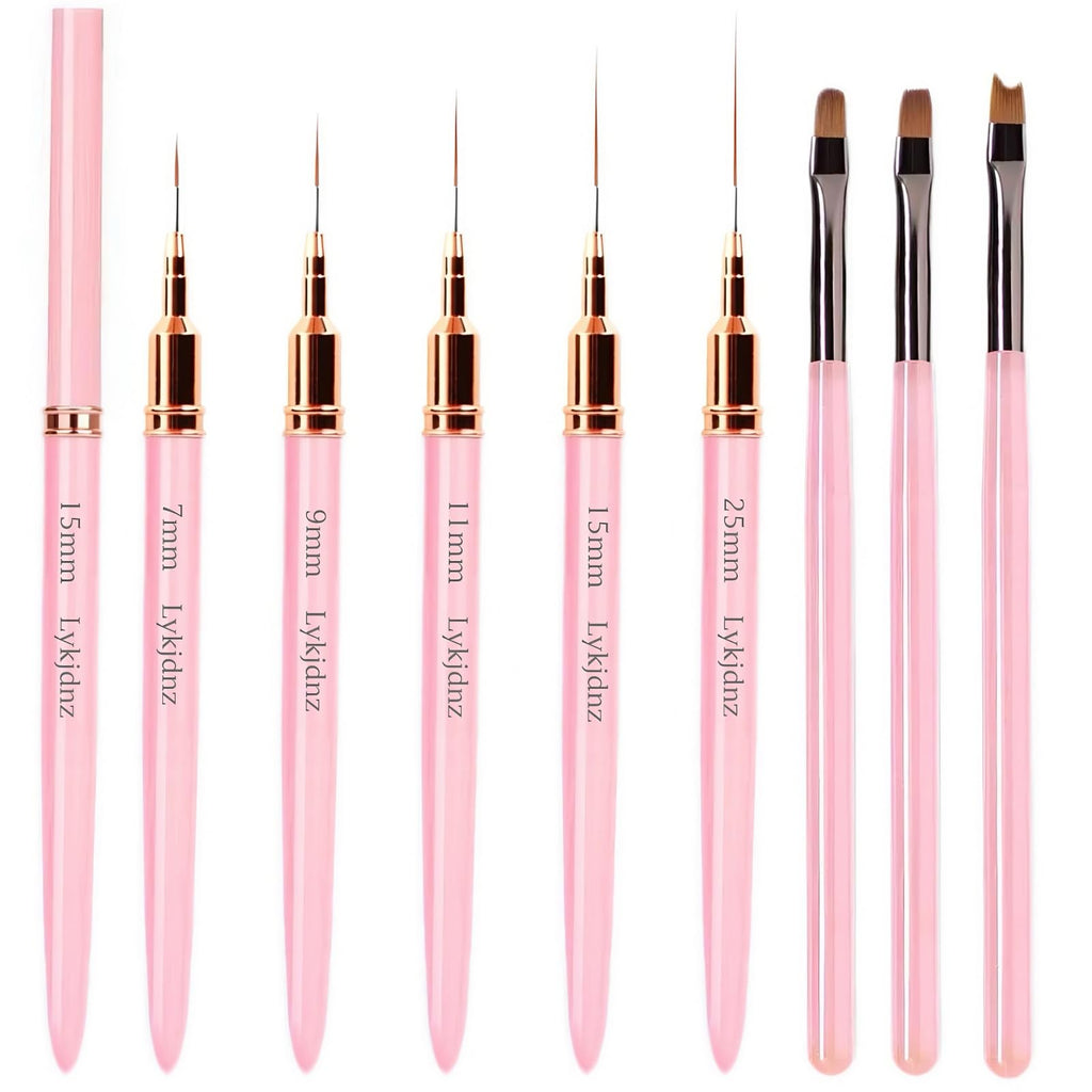 8Pcs Nail Art Brushes Set, 5 Art Liners & 3 Multi Shape Gel Builder Brushes | Liners with 7/9/11/15/25mm bristles for fine lining, gel coating & nail shaping, ideal for salon and DIY nail art