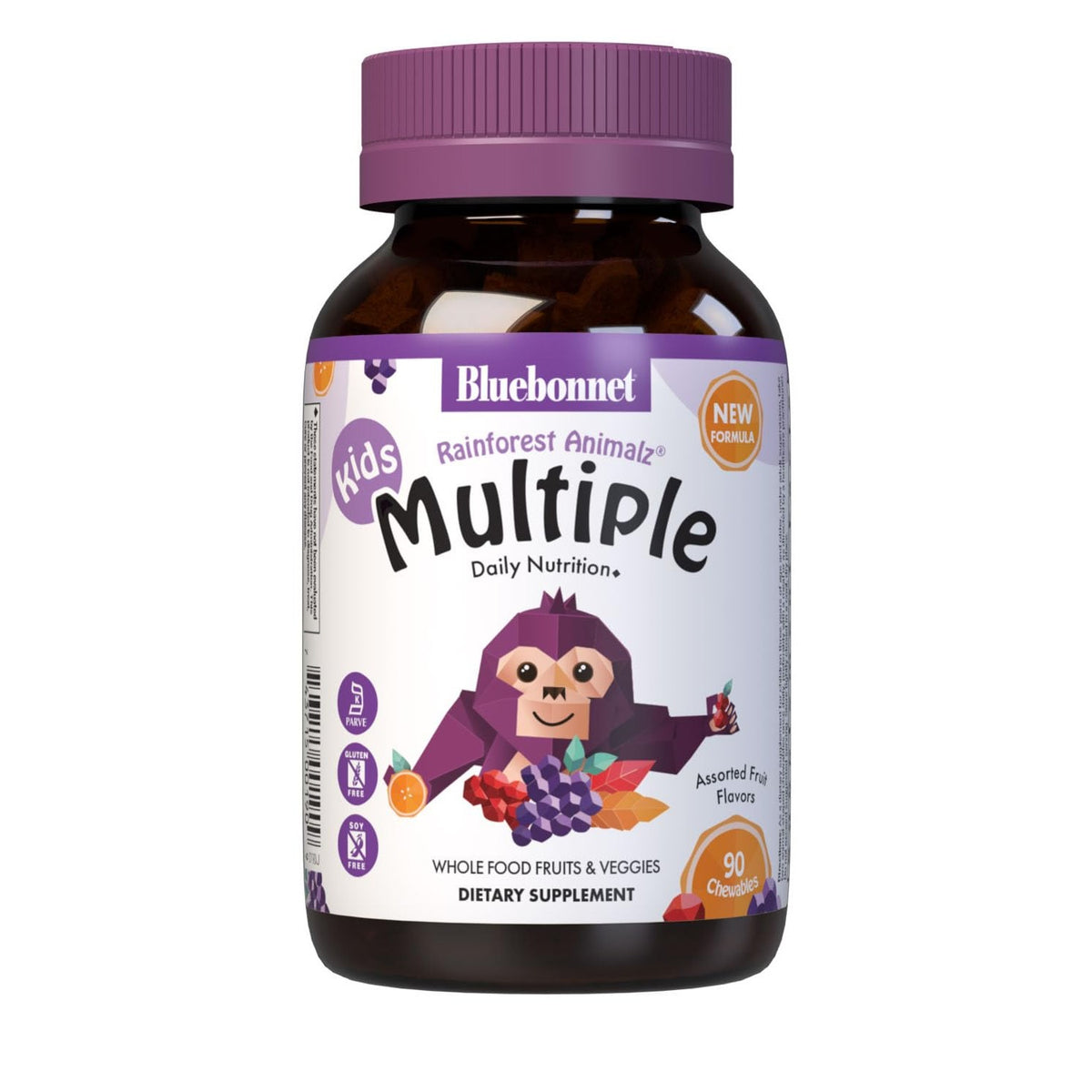 Bluebonnet Nutrition Rainforest Animalz Whole Food Based Multiple Chewable Tablets, Kids Multivitamin & Mineral, Vitamin C, D3, Iron, Gluten Free, Milk Free, Kosher, 90 Chewable Tablets, Mixed Flavors