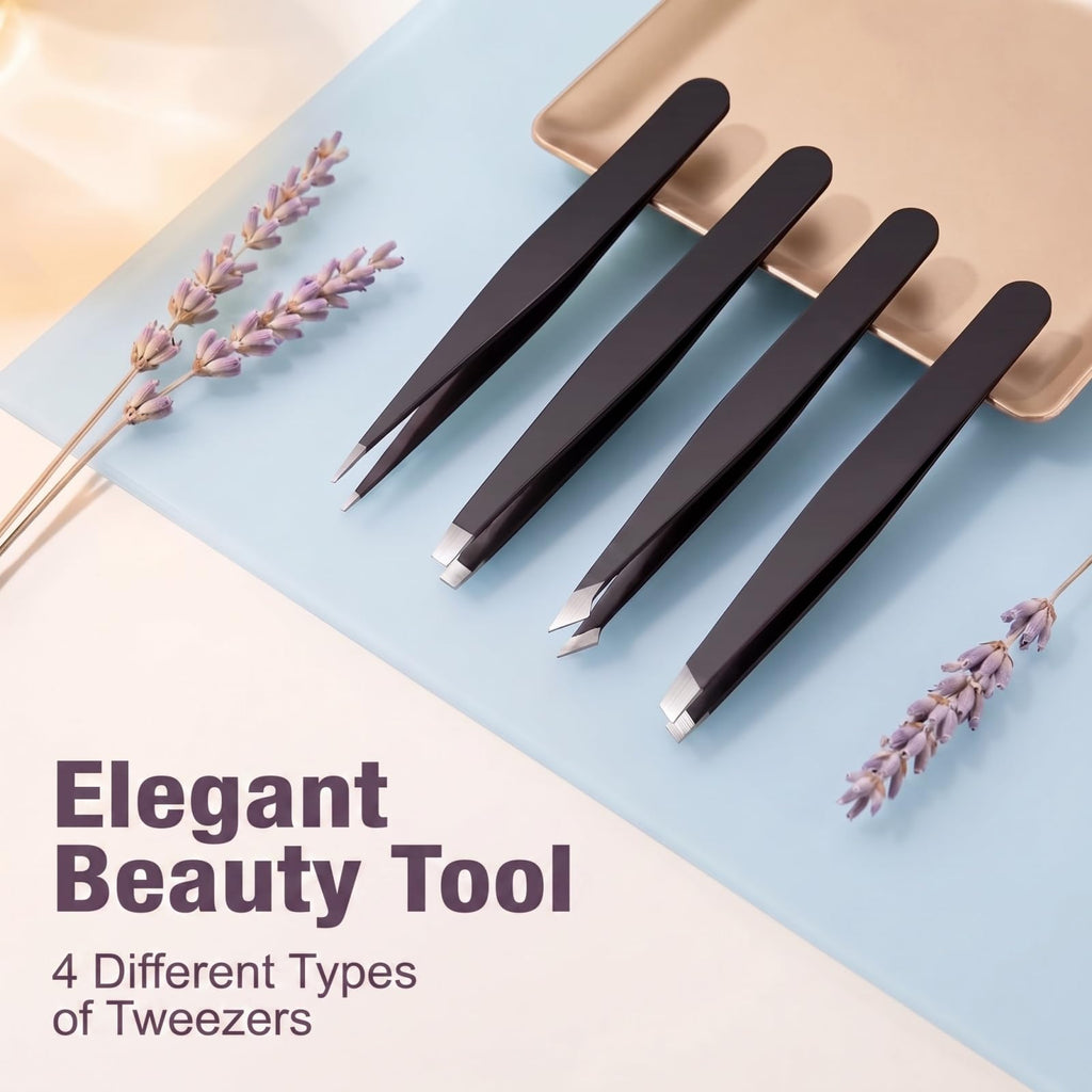 4Pcs Tweezers Set, for Facial Hair Eyebrows and Eyelashes