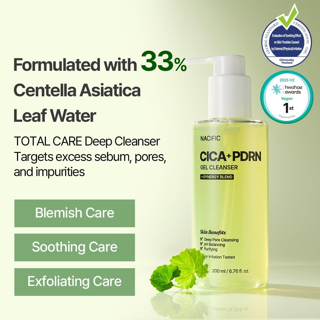 NACIFIC Cica PDRN Gel Cleanser 6.76 fl oz 200ml, Centella Asiatica, Low pH Deep Pore Cleanser for Sensitive Skin, Soothing, Purifying Korean Face Wash