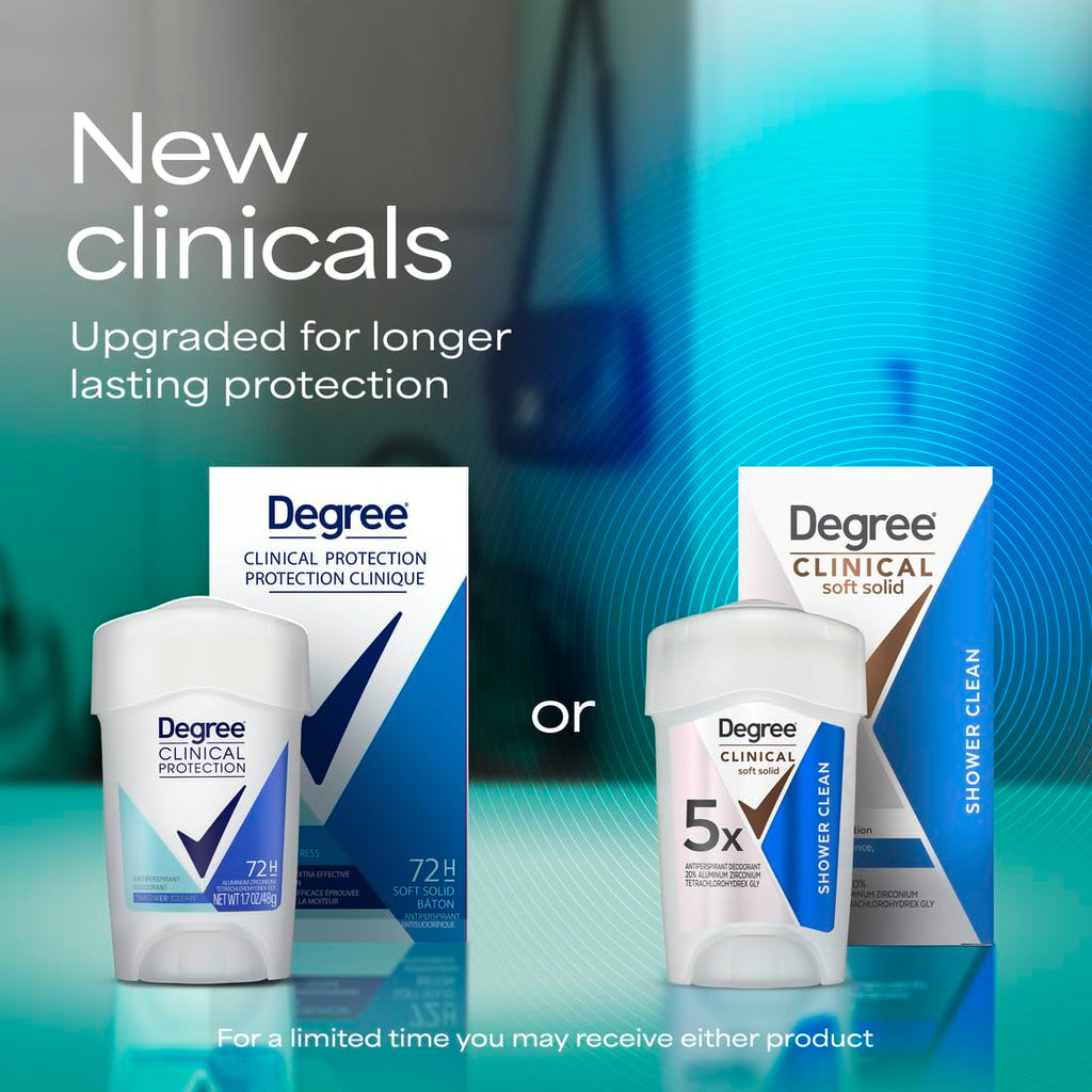 Degree Clinical Antiperspirant Deodorant Soft Solid, Shower Clean, 1.7 oz | For stress sweat, Helps keep you dry & confident, With 96H protection, soft solid