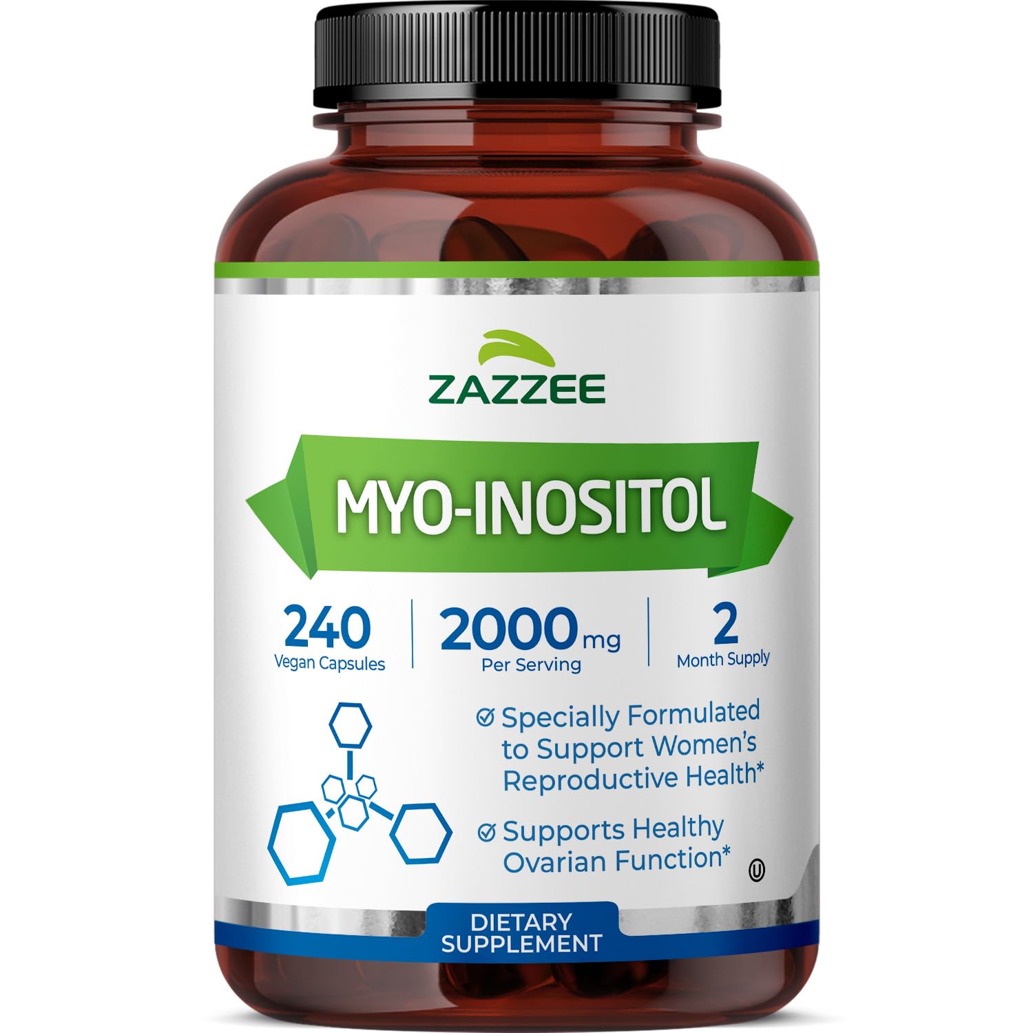 Zazzee Myo-Inositol Capsules, 2000 mg per Serving, 240 Vegan Capsules | Ideal Dosage for 40:1 Ratio, Certified Kosher, Hormone Balance & Healthy Ovarian Function Support, Non-GMO, Made in the USA