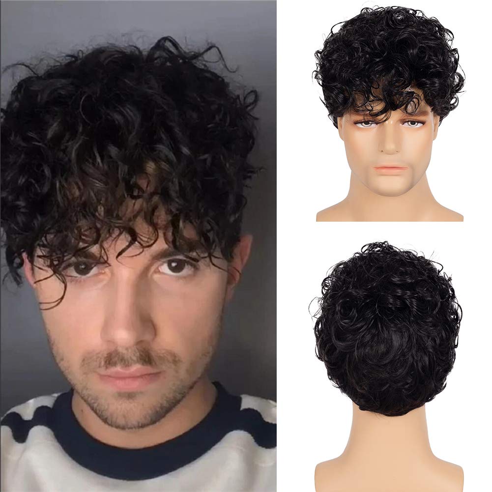 Buy now Kaneles Short Curly Mens Black Wig Fluffy Synthetic Cosplay Halloween Hair Wig for Male Guy Black at indiglob india