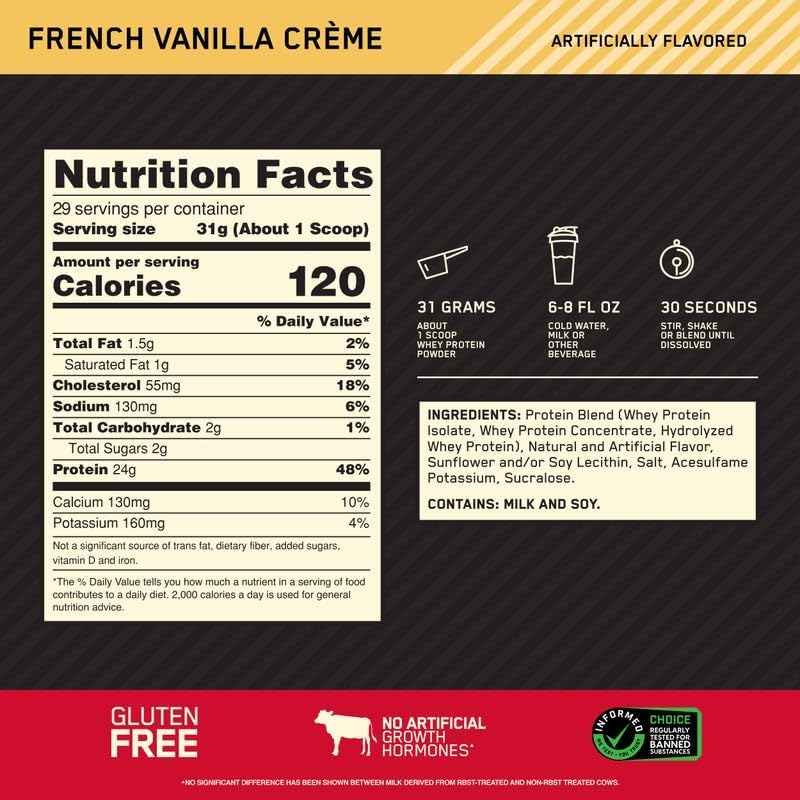 Buy now Optimum Nutrition Gold Standard 100% Whey Protein Powder, French Vanilla Creme, 2 Pound (Packaging May Vary) at indiglob india