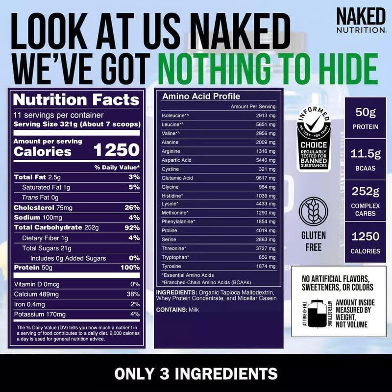 Buy now NAKED Mass - Natural Weight Gainer Protein Powder - 8 LB Bulk, GMO Free, Gluten Free & Soy Free. No Artificial Ingredients - 1,250 Calories per Serving at indiglob india