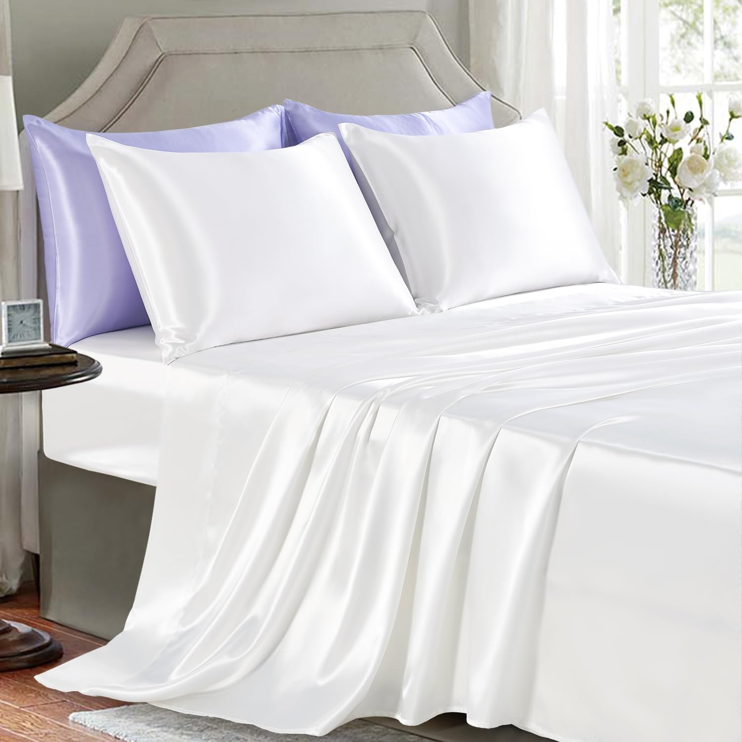 Buy now Satin Sheets King Size - 4 Pieces Luxury Silky Soft Bed Sheets, Wrinkle-Free Gold Satin Silk Sheet Set with 1 Deep Pocket Fitted Sheet, 1 Flat Sheet, 2 Pillow Cases California King White at indiglob india