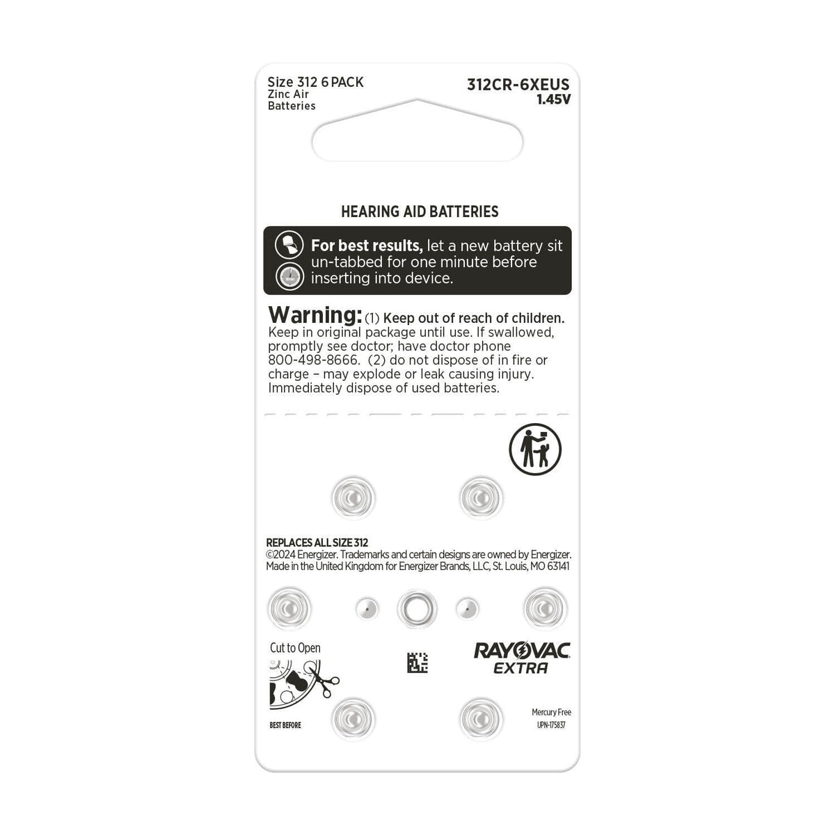Rayovac Extra Advanced, size 312 Hearing Aid Battery (pack 60 pcs)