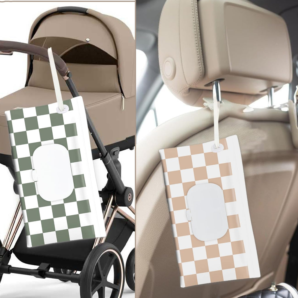 cephira Baby Wipe Holder, 3-Pack Portable Refillable Wipe Dispenser, Waterproof & Dustproof Travel Baby Wipes Case, Reusable Diaper Wipe Container with Checkerboard Design