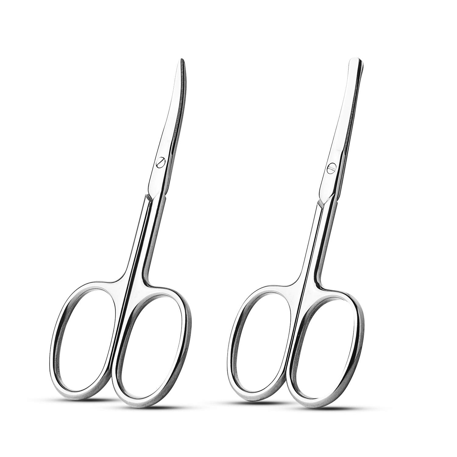 Facial Hair Small Grooming Scissors For Men Women, 2PCS Silver | Eyebrow, Nose Hair, Mustache, Beard, Eyelashes, Ear Trimming Kit, Curved and Rounded Safety Tip, Hair Cutting Clippers