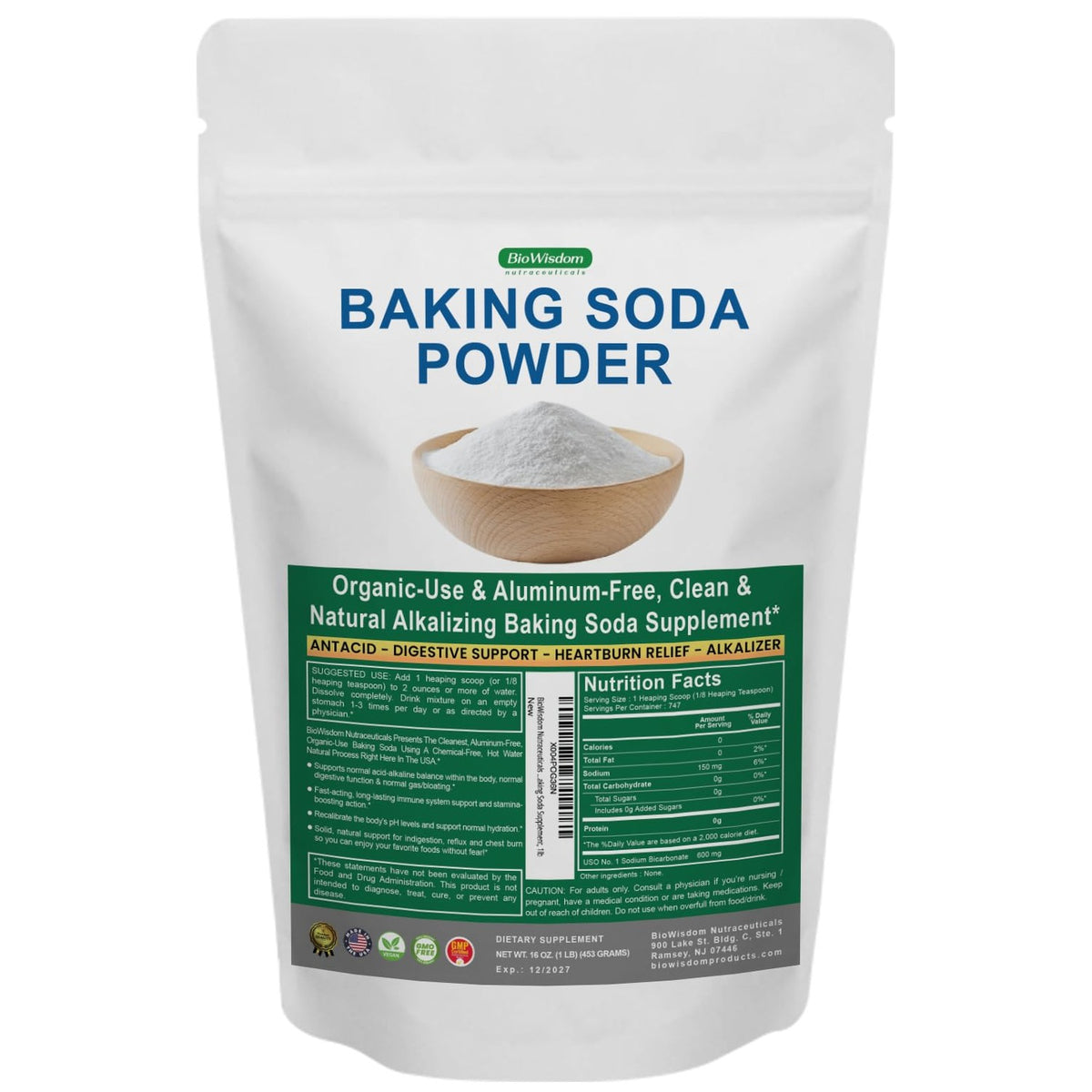 Baking Soda Powder for Organic Use, Grade 1 Aluminum Free Baking Soda, Natural No Chemicals, Pure Powder for Cooking, Stomach Acid, Kidney Supplement, 1lb