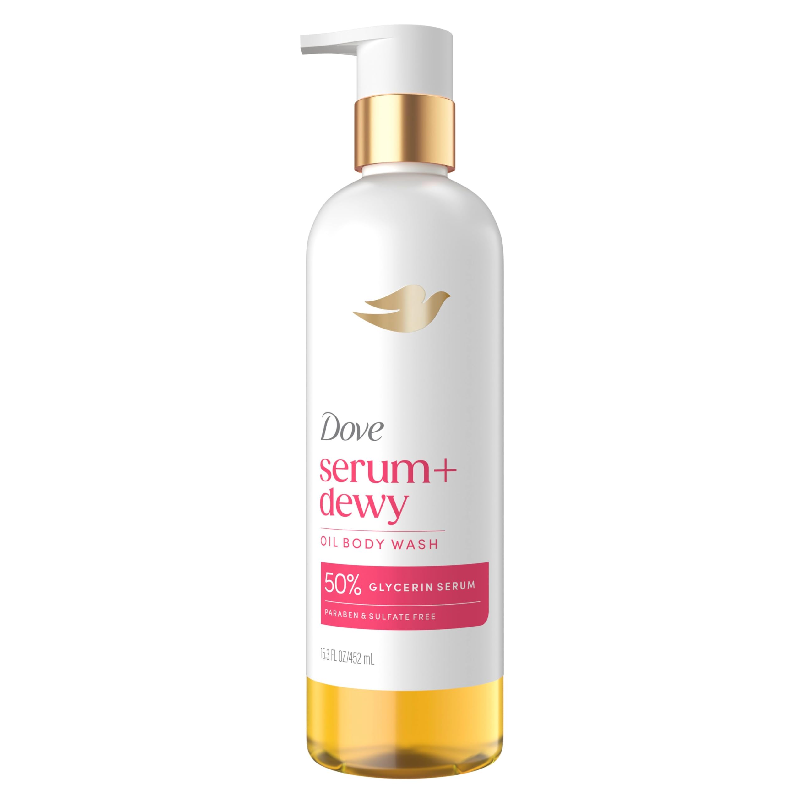 Dove Serum+Shower Oil Body Wash Dewy, Coconut & Geranium Oil, 15.3 fl oz | Hydrating shower oil body wash with glycerin serum for soft, dewy skin without greasy residue