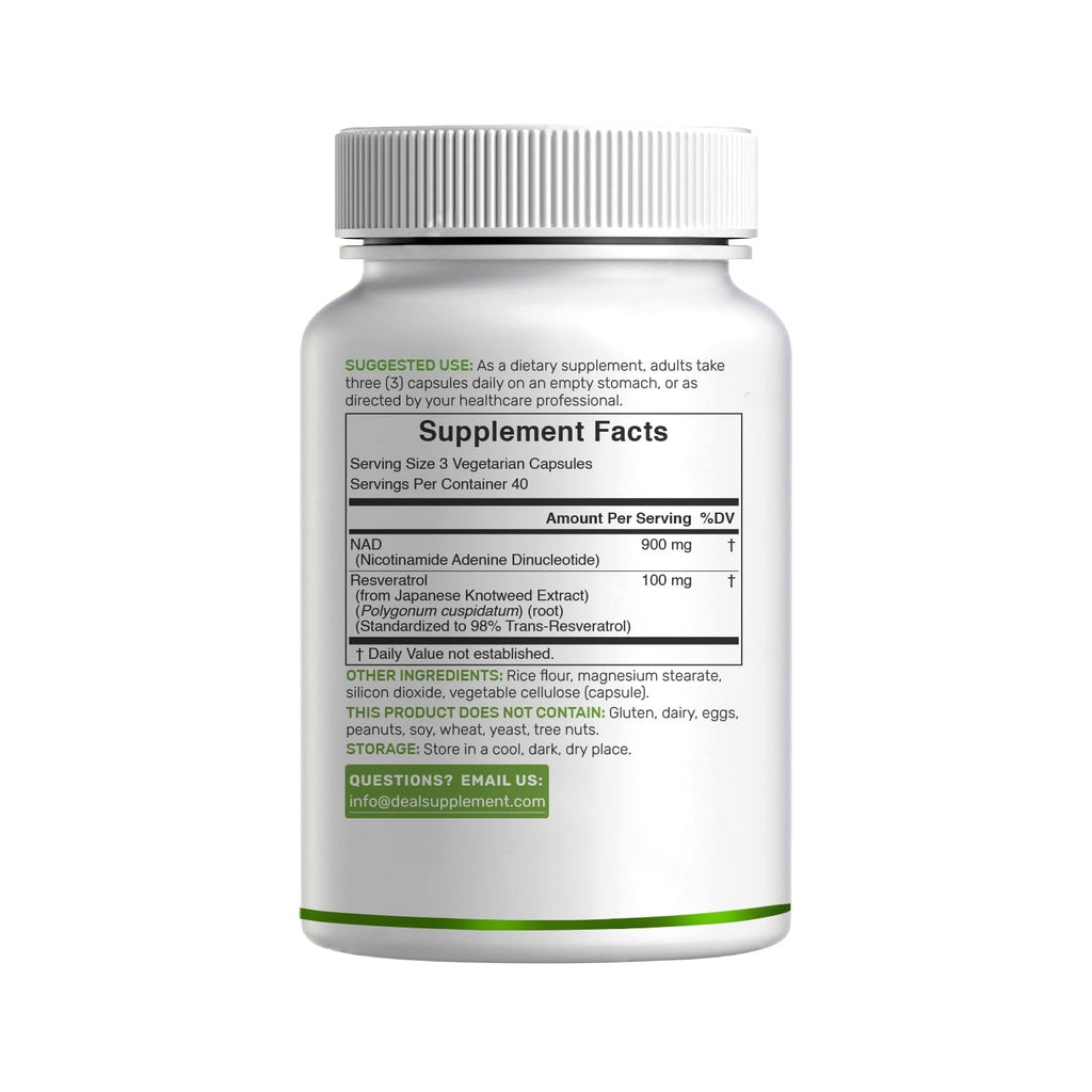 NAD+ Resveratrol Supplement 1,000mg Per Serving, 120 Veggie Capsules | 2-in-1 Extra Strength NMN Supplement Alternative | NAD Supplements for Women & Men | Non-GMO, Gluten Free