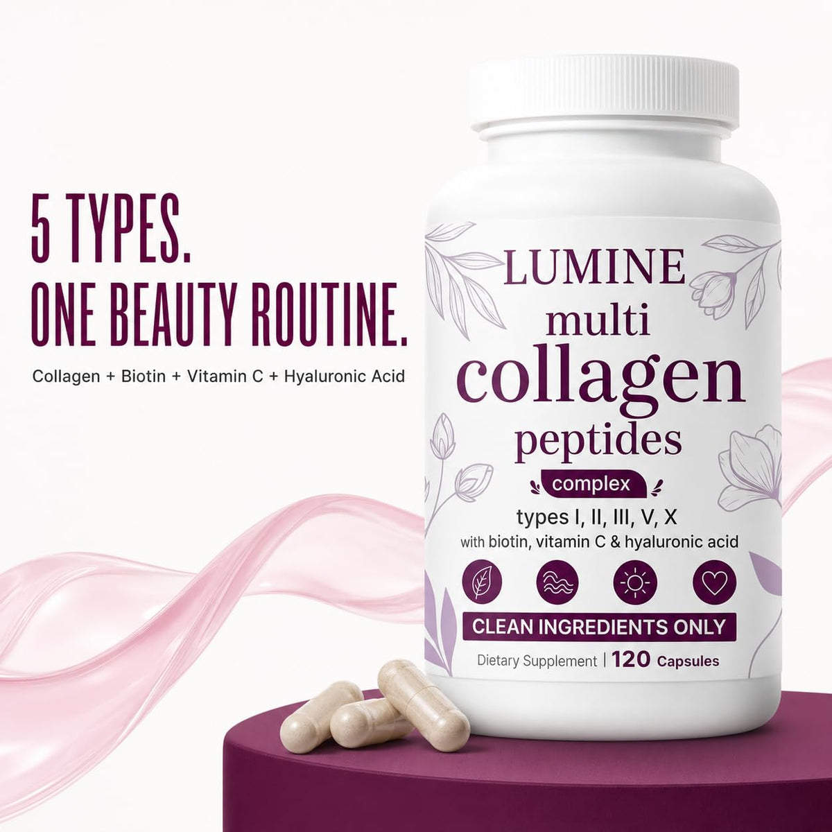 LUMINE Multi Collagen Complex Capsules, Collagen Peptides, Non-GMO Ingredients,Free from Gluten and Soy. Vegan-Friendly, 120Capsules / 60 Servings