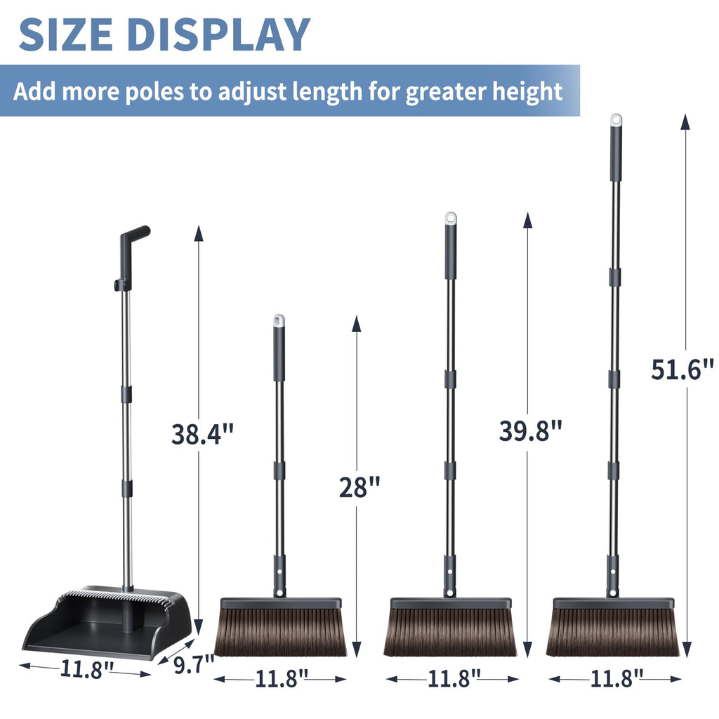 Broom with Dustpan Combo Set, Broom and Dustpan Set with 51.6" Long Handle & Two Broom Heads, Brooms with Dust Pan Teeth for Pet Hair, Indoor&Outdoor Sweeping, Home, Kitchen, Office