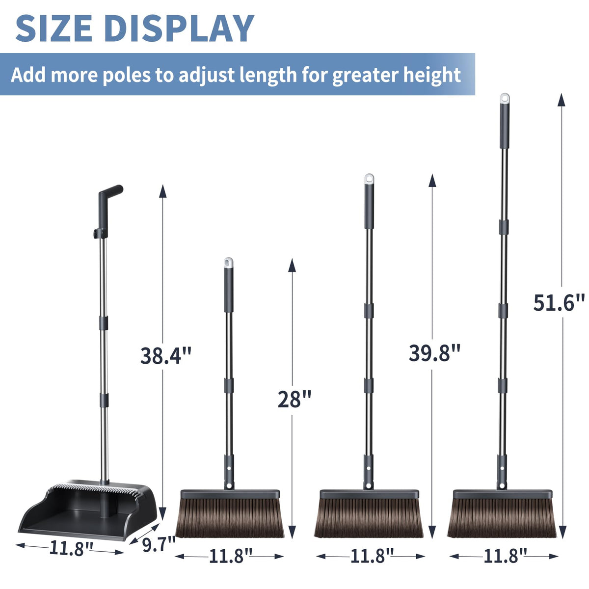 Broom with Dustpan Combo Set, Broom and Dustpan Set with 51.6" Long Handle & Two Broom Heads, Brooms with Dust Pan Teeth for Pet Hair, Indoor&Outdoor Sweeping, Home, Kitchen, Office