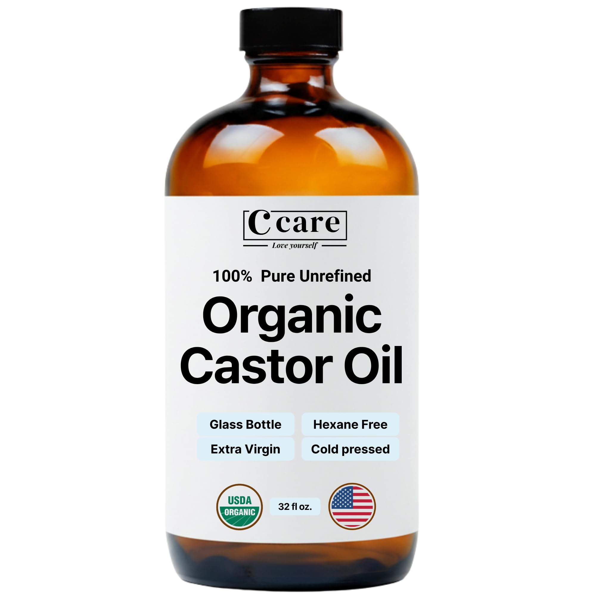 C CARE Castor Oil 100% Pure Organic Cold Pressed Unrefined Glass Bottle | USDA Certified Organic | Hexane Free Extra Virgin | For Hair Growth Eyebrows Eyelashes Skin and Castor Oil Pack Wrap | 16oz