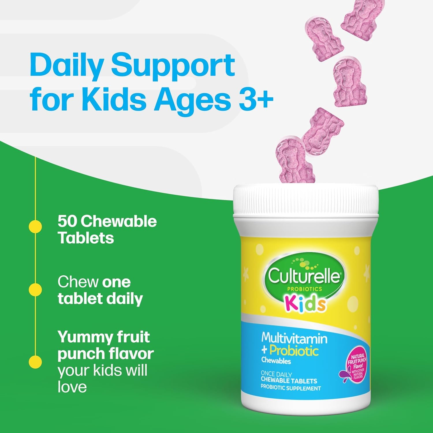 Culturelle Kids Multivitamin + Probiotic Chewable, Ages 3+, 50 Count | From the #1 Pediatrician-Recommended Brand± Promotes Digestive, Oral, Immune Health* with 11 Vitamins & Minerals, Fruit Punch