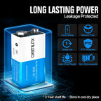 9V Batteries 6F22 Square Battery (4 Pack) for Smoke Detector Alarm System, Wireless doorbell, Electronics Long-Lasting