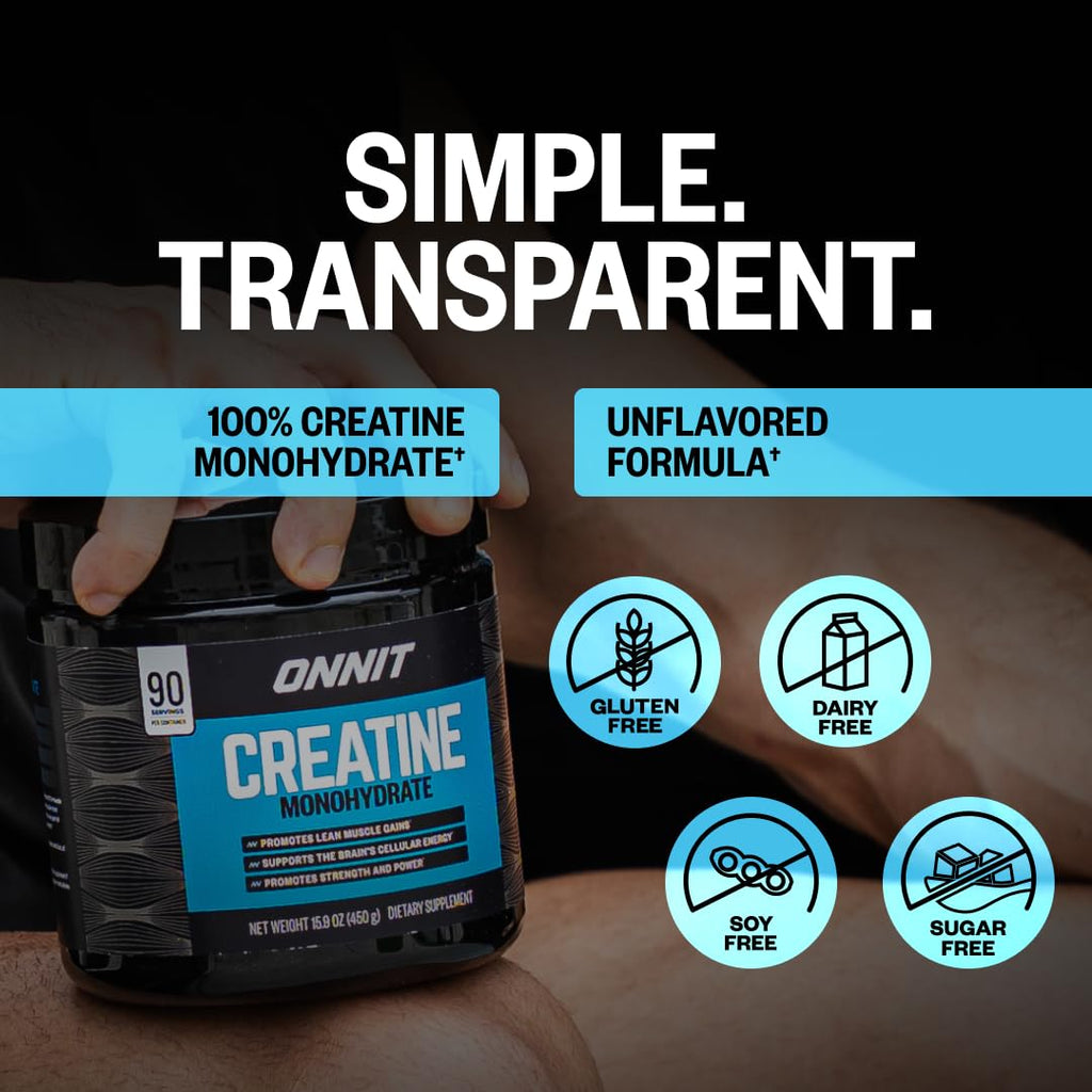 ONNIT Creatine Monohydrate Powder 5g, Unflavored, 30 Servings | IGEN Non-GMO Tested; 5g creatine per serving supports muscle strength, power, lean mass & brain cellular energy; no fillers