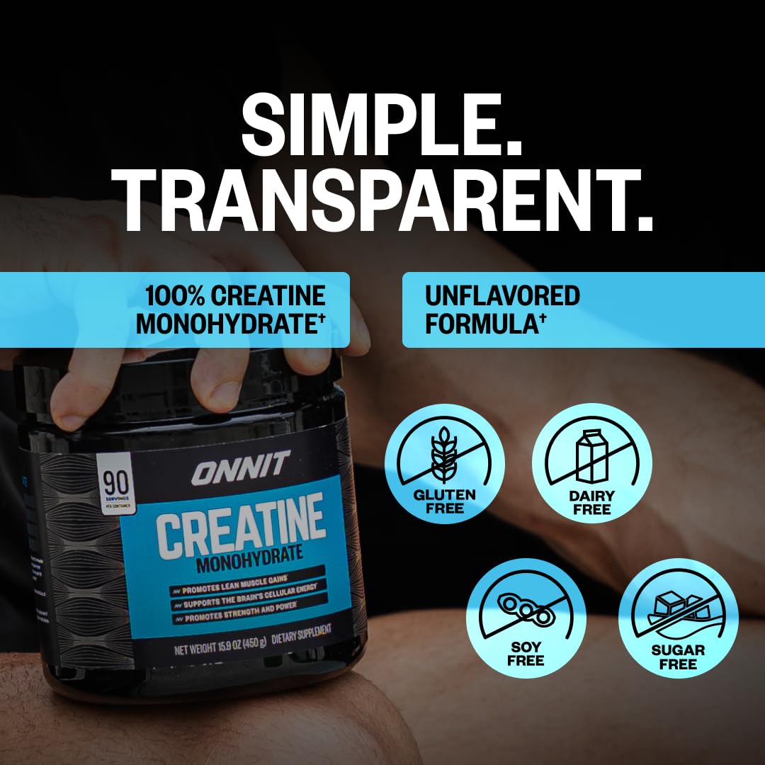 ONNIT Creatine Monohydrate Powder 5g, Unflavored, 30 Servings | IGEN Non-GMO Tested; 5g creatine per serving supports muscle strength, power, lean mass & brain cellular energy; no fillers
