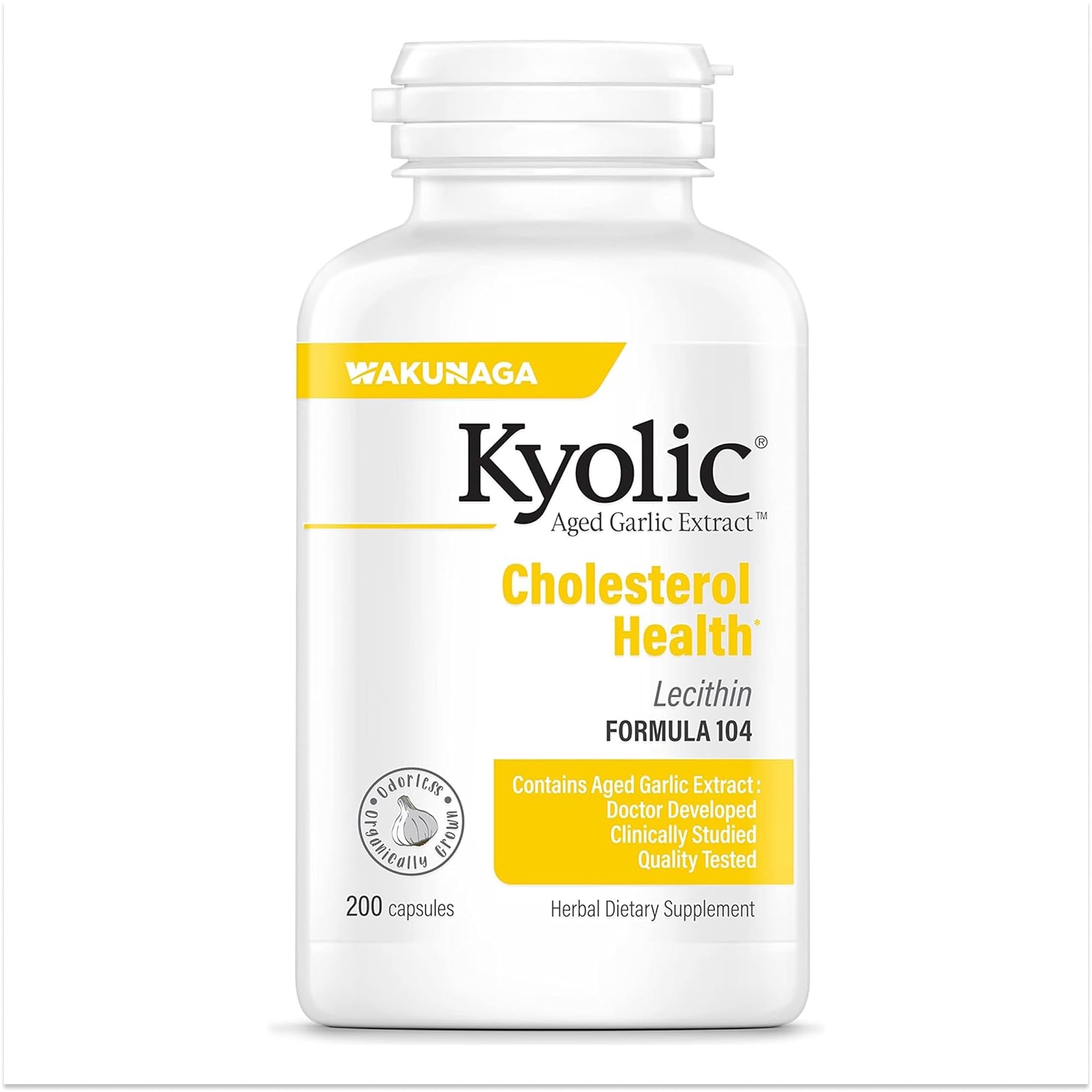Kyolic Aged Garlic Extract Cholesterol Health* Formula 104, 100 Capsules | Odorless Organically Grown Aged Garlic Extract and Lecithin to Support Healthy Cholesterol and Heart Health, GMO-Free