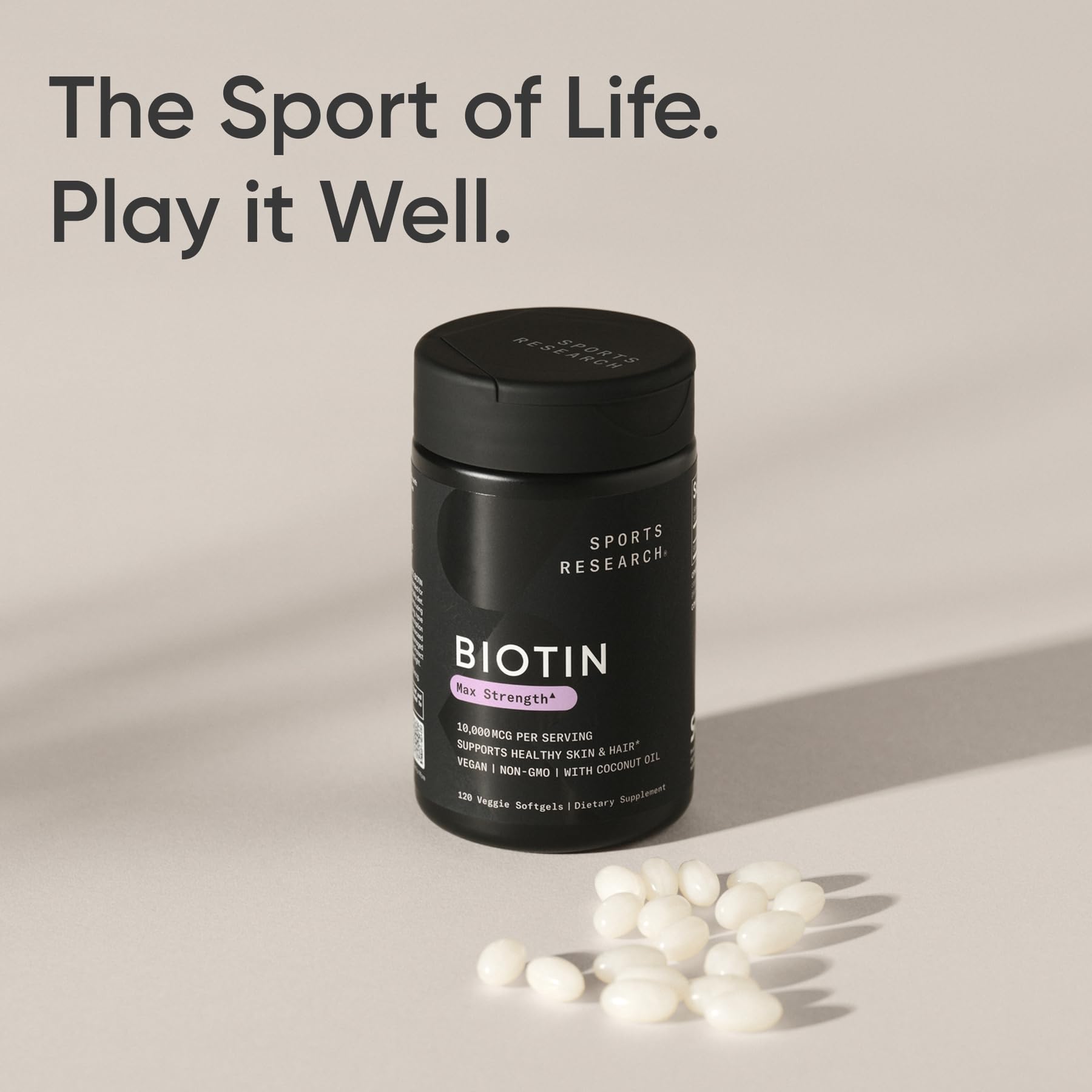 Sports Research® Biotin 10,000mcg w/Coconut Oil, 120 Count Plantgels™ | Max Strength Vegan Biotin (Vitamin B7) for Healthy Skin and Hair Support | Non-GMO, Gluten & Soy-Free, 120 Servings