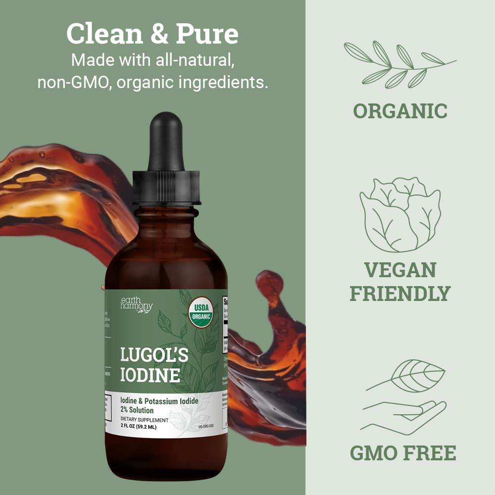 Organic Lugol's Iodine Liquid Drops Supplement - 2% Thyroid Non-GMO 2 Oz | Earth Harmony Iodine Supplement, Potassium Iodide, Thyroid Support, 3000mcg