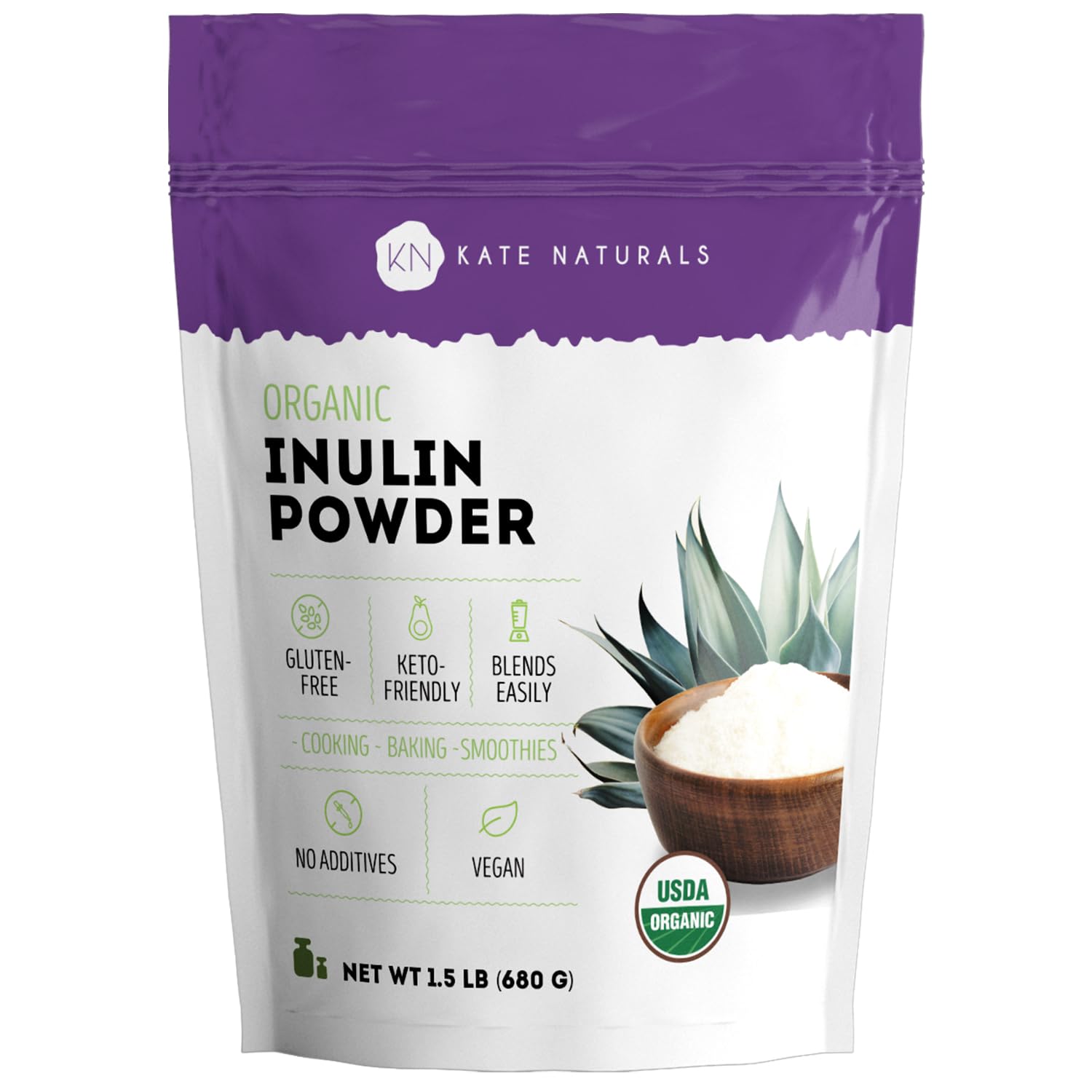Kate Naturals Inulin Powder Organic from Blue Agave (8oz) | Soluble Prebiotic Fiber for Coffee, Yogurt & Smoothies