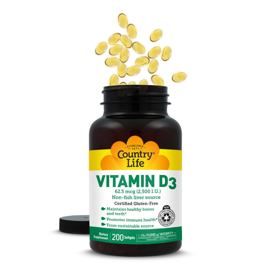Country Life Vitamin D3 2500 IU, Non-Fish Source, 200 Softgels