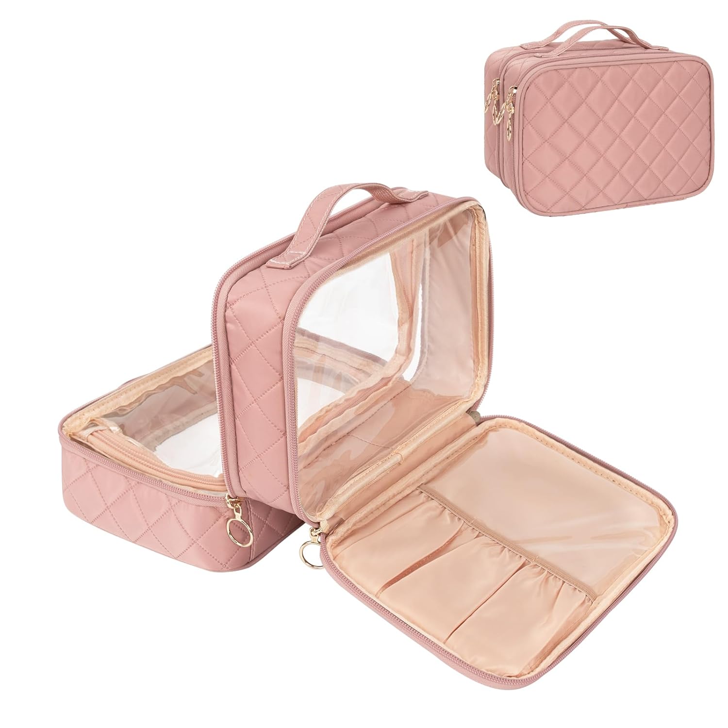 Buy now OCHEAL Makeup Bag, Double Layer Cosmetic Bag, Large Capacity New Look Clear Cosmetic Case for Women Travel Beauty Essentials, Multiple Compartments Makeup Case Organizer Zipper Pouch -Black Large 08_Nude Pink at indiglob india