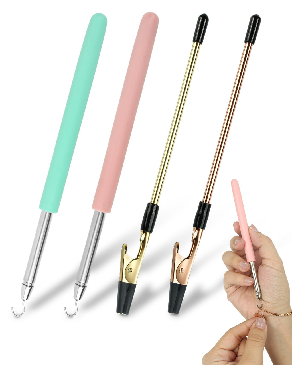 4 PCS Bracelet Helper Tool, Quick Release Fastener Helpers Tool Hooks for Necklace, Jewelry, Watch, Portable Bracelet Assistance Tool to Put on Yourself, Clip, Clasp Helper with Non-Slip Rubber Tips.