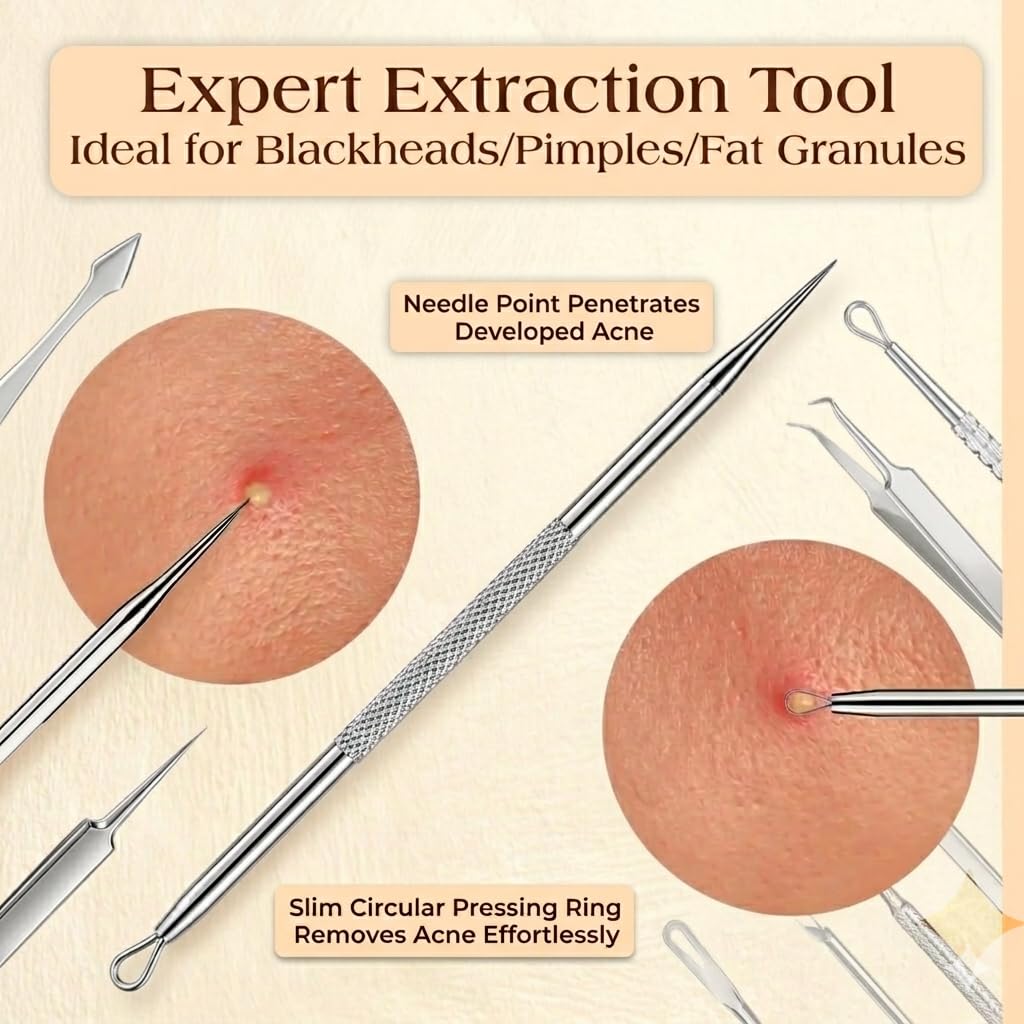 6 Pcs Pimple Popper Tool Kit Blackhead Remover, 410 Grade Stainless Steel | Professional Pimple Extractor Tool Kit for Blackheads, Comedone, Acne, Zit and Whiteheads, Stainless Steel Extraction Tools