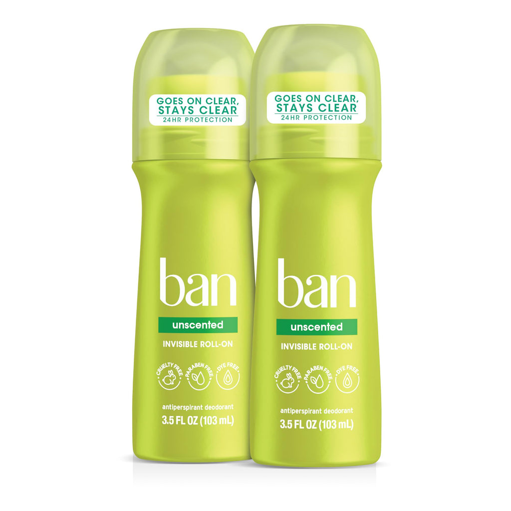 Ban Invisible Roll-on Antiperspirant Deodorant for Women and Men, 24-hour Underarm Odor & Sweat Protection, Unscented, 3.5 Oz, Pack of 12