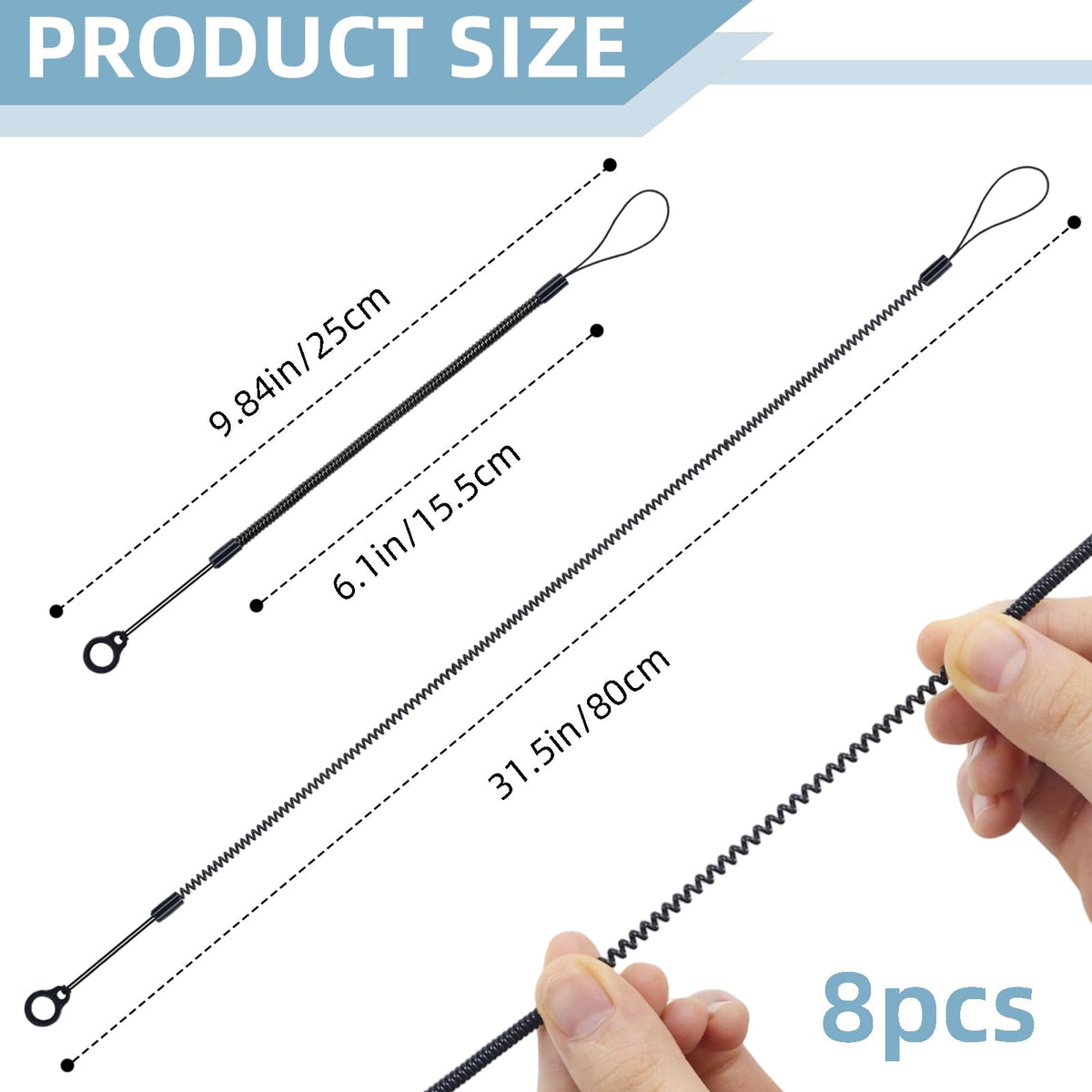 8 Pcs Pen Lanyard, 9.8" Pen Leash for Clipboard,Elastic Lanyard Tether with Silicone Rings, Retractable Stylus Tethers Holder Anti-Lost for Tether Drawing Pens to Touchscreen (Black)