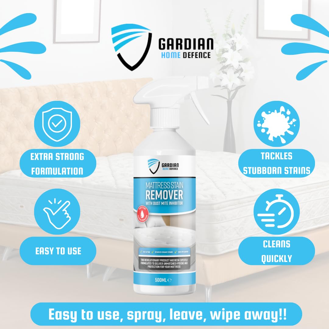 Gardian Mattress Cleaner and Stain Remover Spray for Urine, Sweat and Blood Stains for mattresses, bedding, clothing and upholstered furniture Extra Strong 16.9 Fl Oz (500ml)