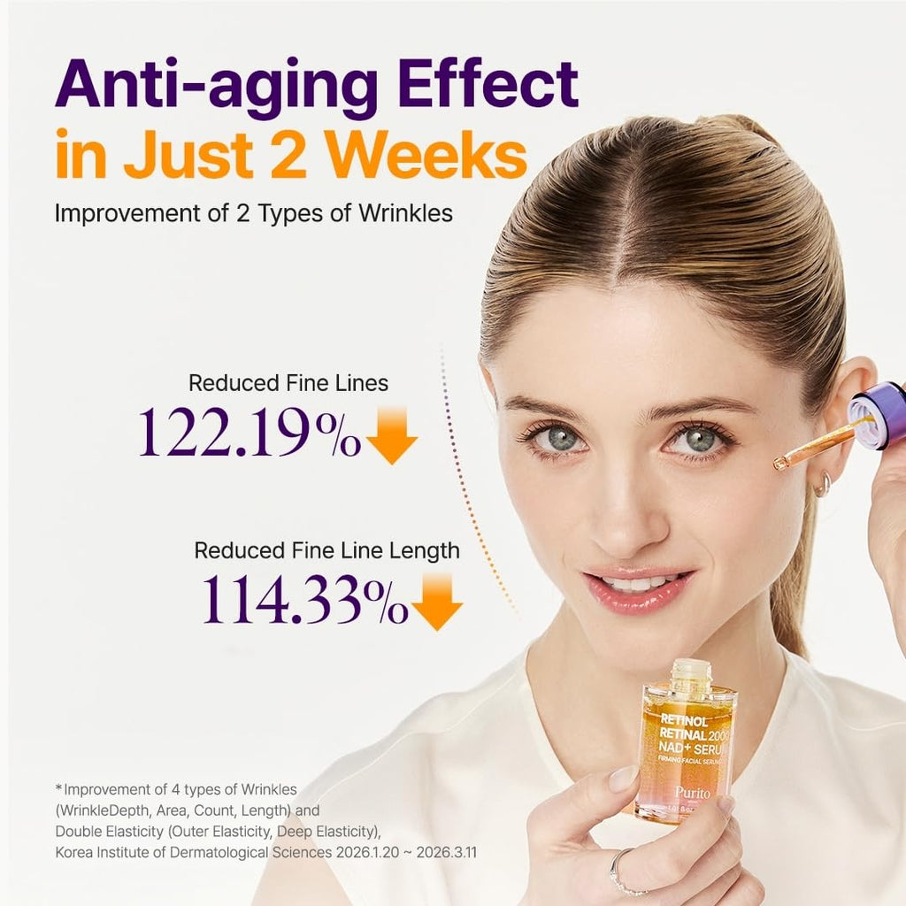 PURITO Retinol + Retinal Serum for Sensitive Skin, 1.01 fl.oz | Anti-Aging Facial Serum, Wrinkles & Fine Lines, Dual Retinoids with NAD+, Elasticity & Skin Texture, Korean Skincare