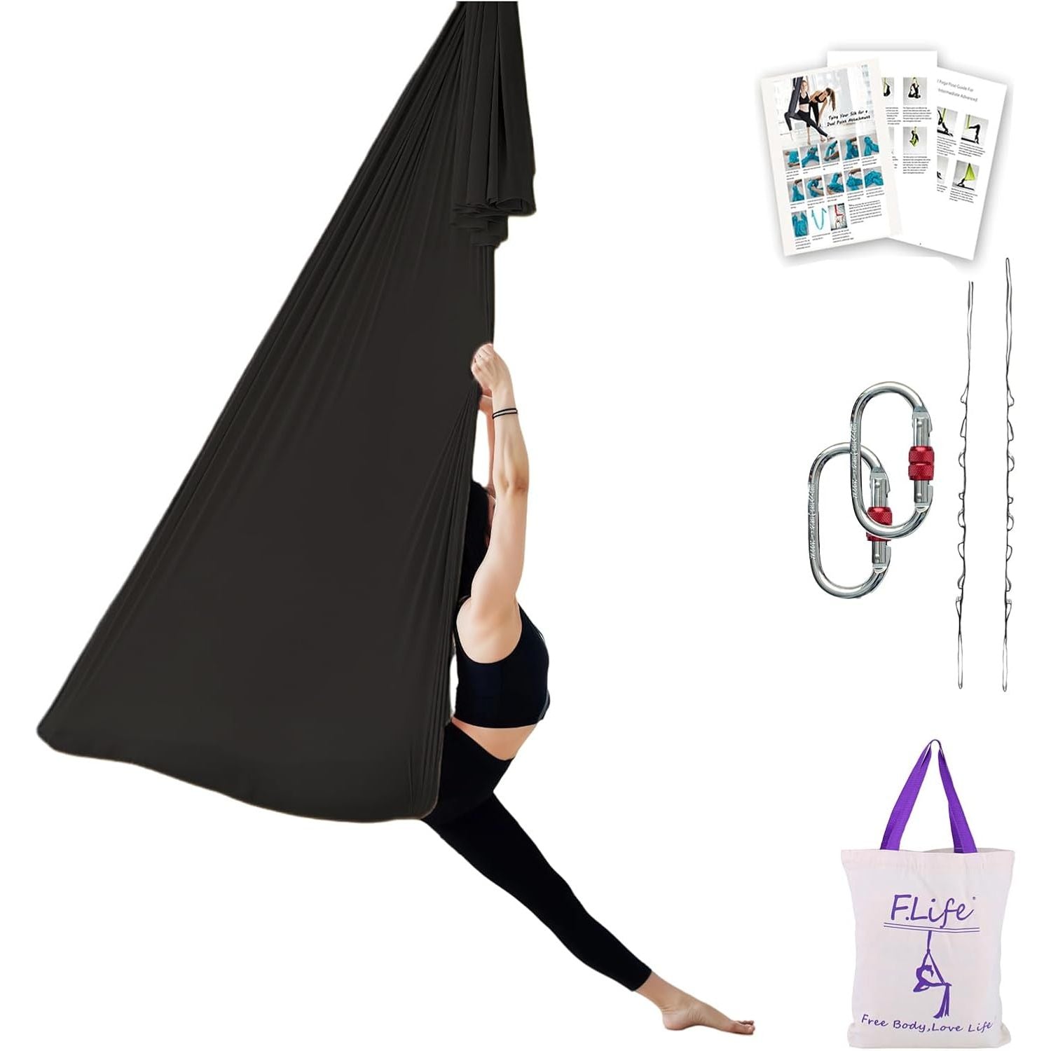 Buy now F.Life Aerial Silk Yoga Hammock & Swing for yoga Inversion,Strength training,starter hardware kit black at indiglob india