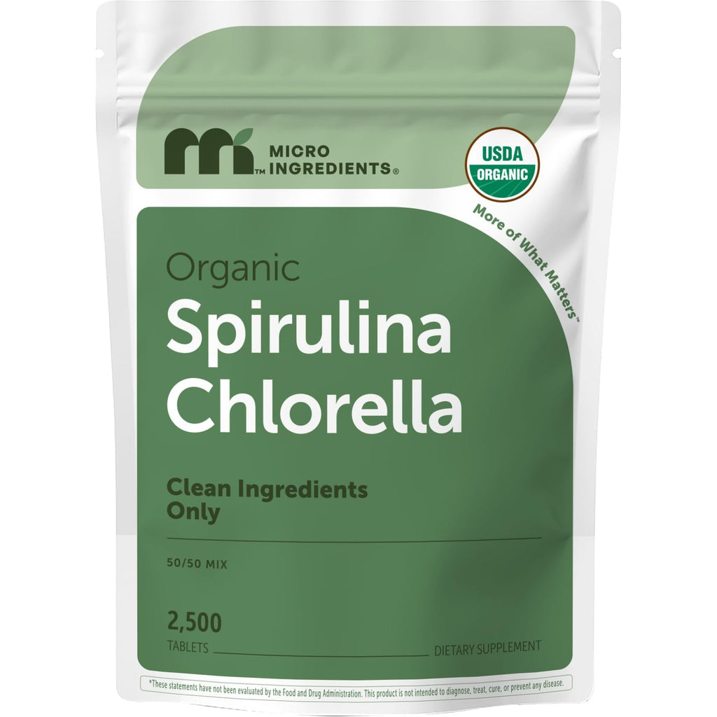 Micro Ingredients Organic Spirulina Chlorella Mini Tablets, 2,500 Tablets (8 Month Supply) | 50/50 Algae Blend | No Fillers, Non-GMO