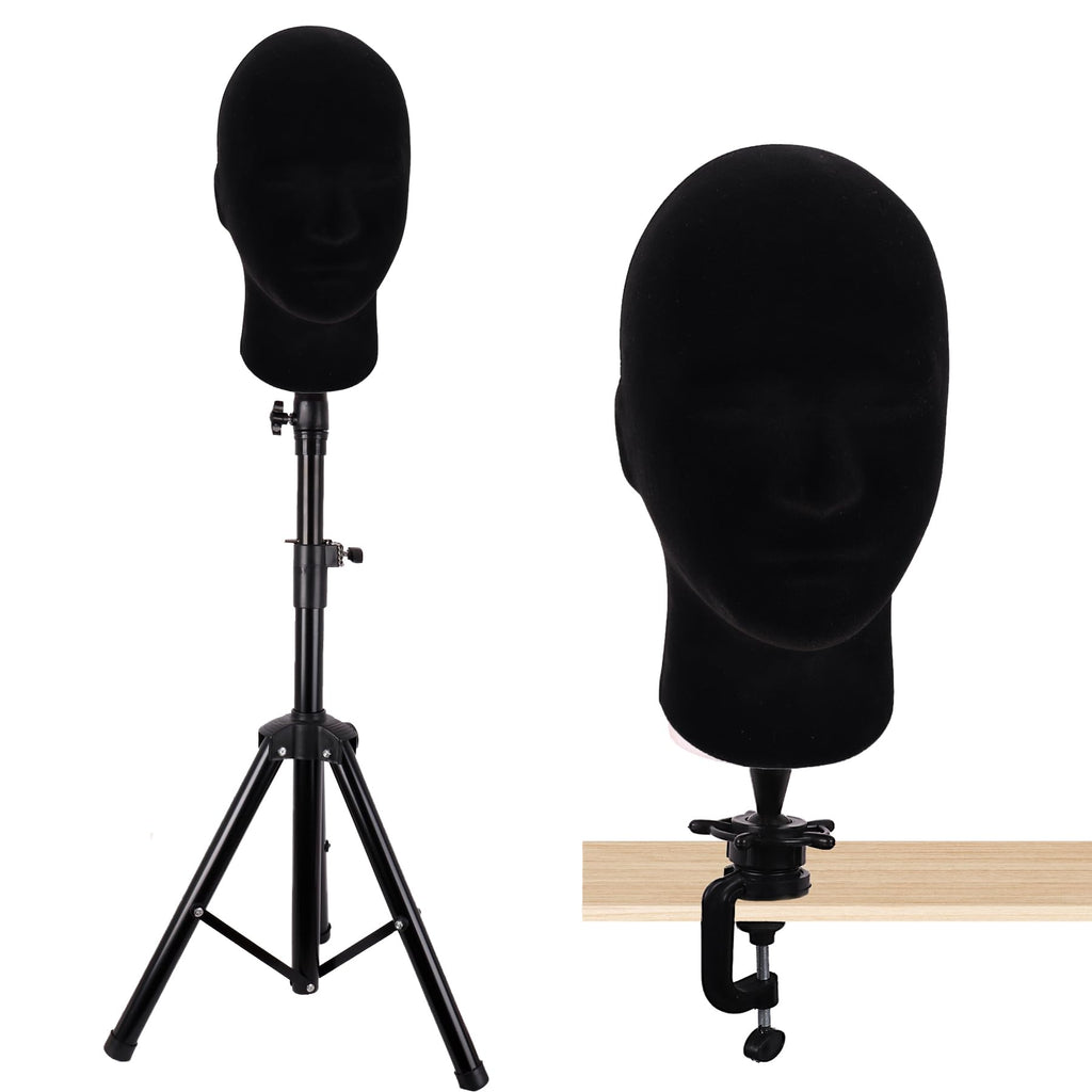 MapofBeauty Black Velvet Foam Mannequin Head Male Display Wig Stand, Black